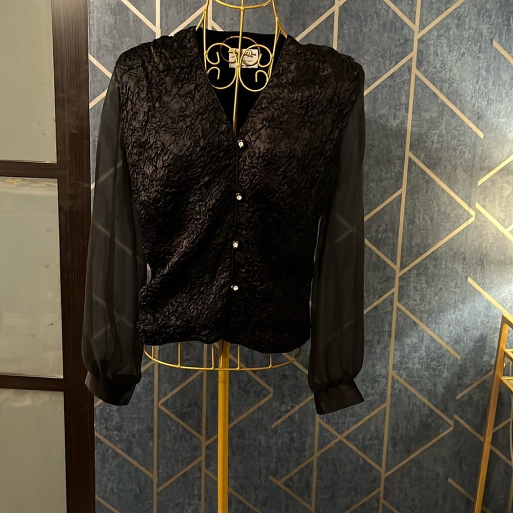 Vintage Silk Blend Blouse with Rhinestone Buttons and Sheer Sleeves